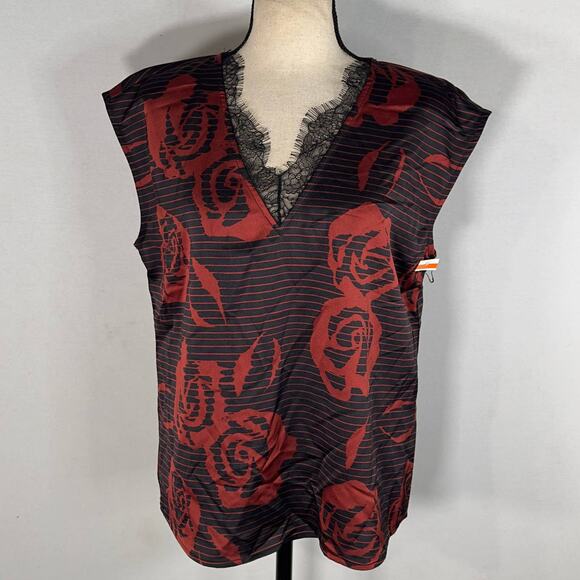 Halogen Burgundy Rosette Stripe Lace Trim Sleeveless Blouse Women's Size Small - Picture 2 of 8